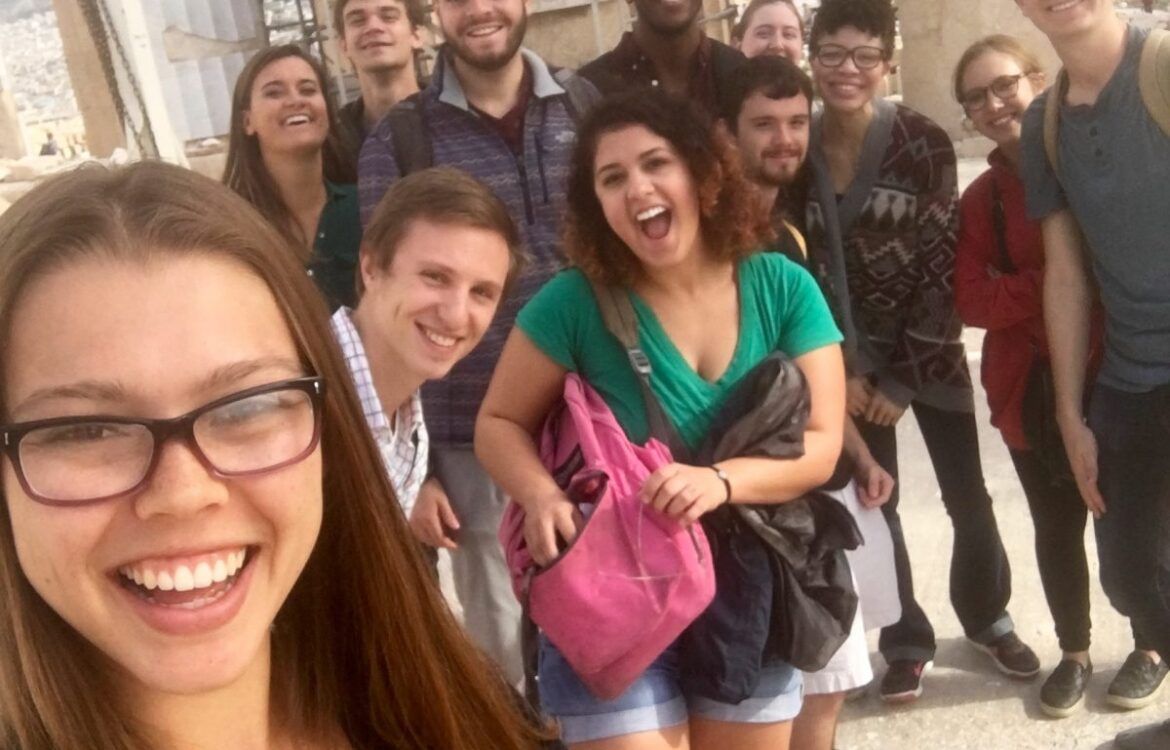 Alyssa Tayrien and classmates during class at the Parthenon study in greece, cyathens, study abroad