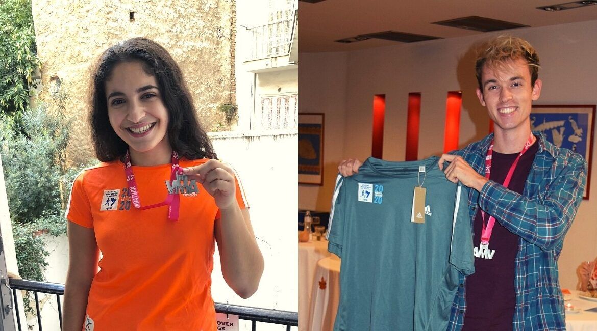 Jennifer and Benji wearing their medals and official Marathon participation T-shirts